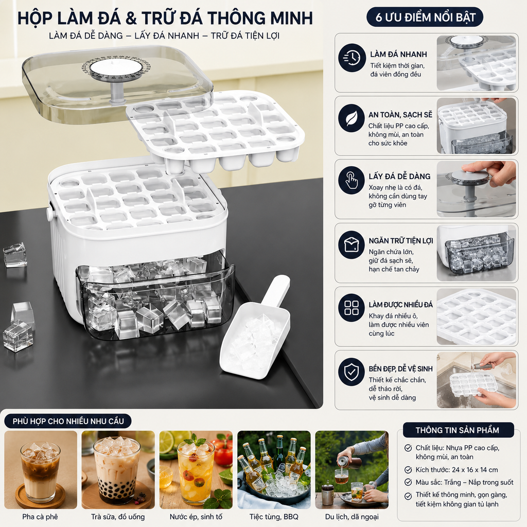 HỘP LÀM ĐÁ 2 TẦNG THÔNG MINH – NHẤN 1 CHẠM RA ĐÁ SIÊU NHANH