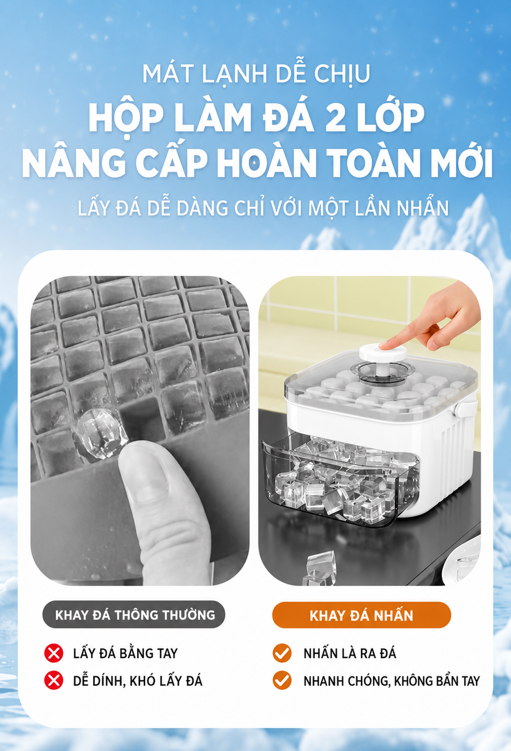 HỘP LÀM ĐÁ 2 TẦNG THÔNG MINH – NHẤN 1 CHẠM RA ĐÁ SIÊU NHANH